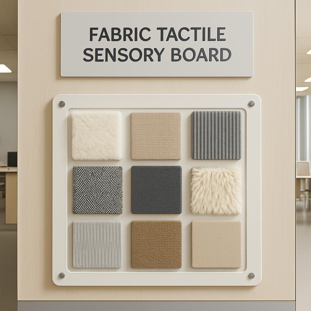 A fabric tactile sensory board with various textures, including fabric, cotton, and fur.